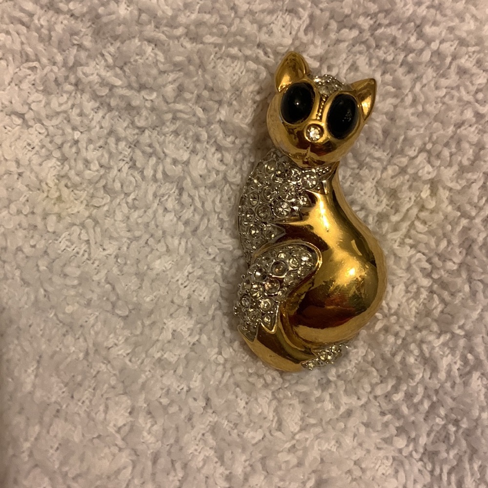 GOLD CAT pin brooch vintage 90s